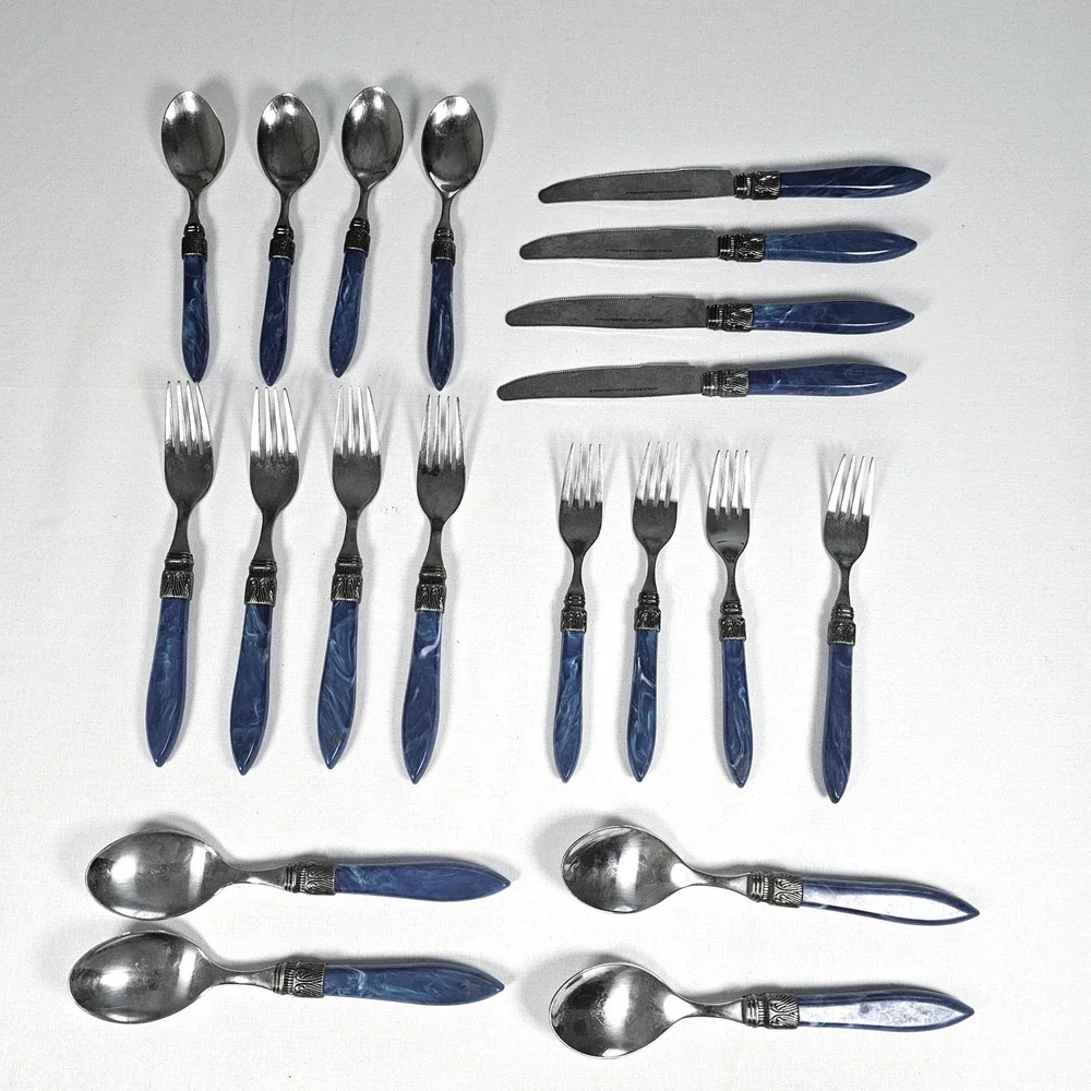 Stanley Roberts 20pc Flatware Set Blue Marbled Resin Handle 18/10 Stainless